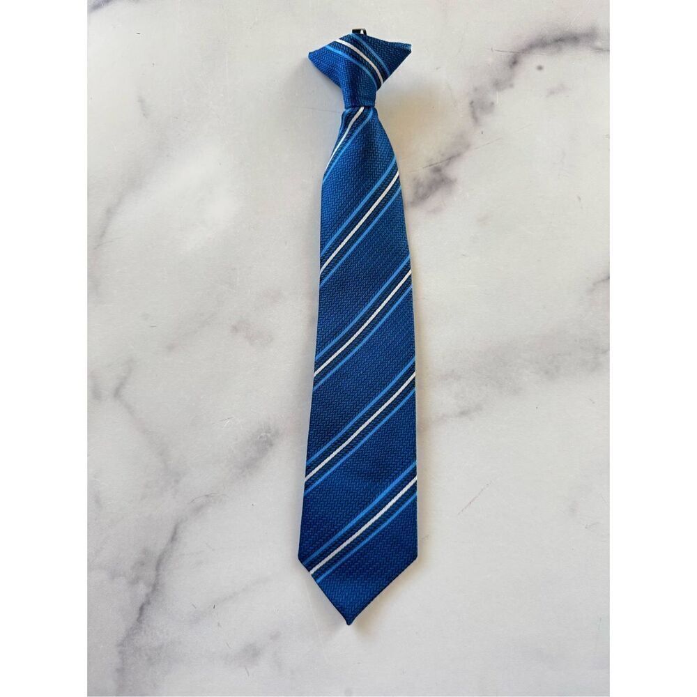 Boys clip on tie blue striped formal suit accessories